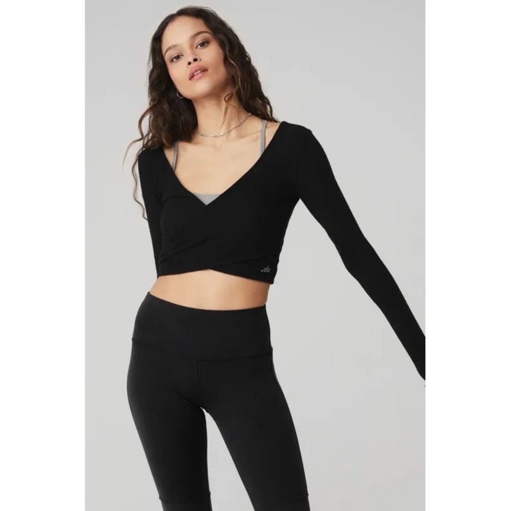 Alo Yoga Amelia Luxe Crop Top Black Wrap Front Balletcore Gym Womens Small?